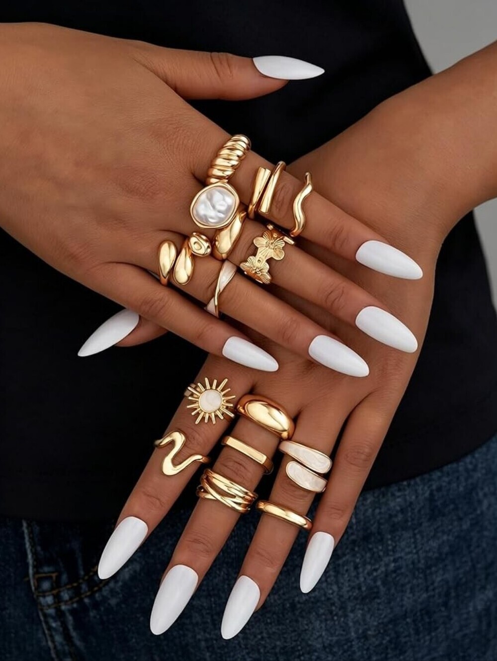15 PC Gold Chunky Statement Open Adjustable Stackable Rings Set - Picture 3 of 4